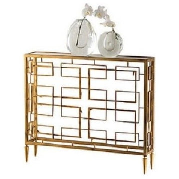 Geometric Open Gold Console Table, Grid Midcentury Squares Marble Slim