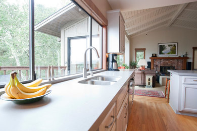 Example of a mid-sized transitional u-shaped medium tone wood floor kitchen design in San Francisco with an undermount sink, recessed-panel cabinets, white cabinets, limestone countertops, brown backsplash, ceramic backsplash, stainless steel appliances and an island