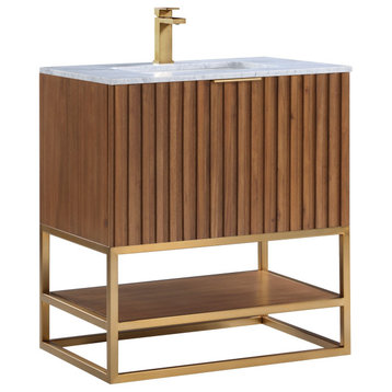 Terra 30" Bathroom Vanity, Walnut-Satin Brass With Carrara Marble, 30"