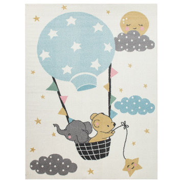 Kids Rug for Nursery Bear and Elephant, Dreamy Balloon, Cream, 5'3"x7'3"