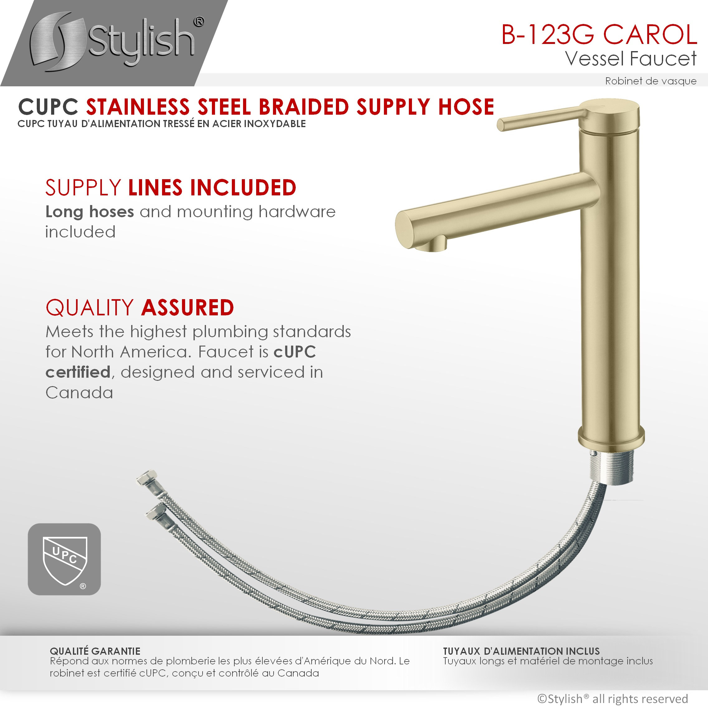 STYLISH Single Handle Bathroom Vessel Sink Faucet, Stainless Steel Brushed Gold