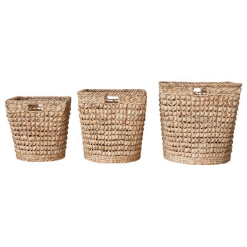 Hand-Woven Water Hyacinth and Metal Baskets, Natural, Set of 3