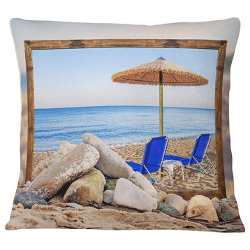 Framed Effect Beach with Chairs Umbrella Seashore Photo Throw Pillow, 16"x16"