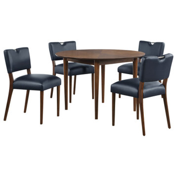 Bonito 5-Piece 47-in. Round Dining Set, Walnut Finish, Midnight Blue Faux Leather