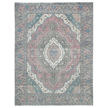 Pink Old Persian Tabriz Sheared Low Hand Knotted Distressed Look Rug, 9'4"x12'4"