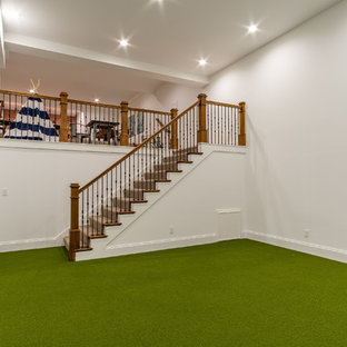 Inspiration for a traditional fully buried basement in Kansas City with white walls and green floors.