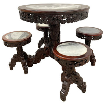 Consigned 20 Century Chinese Marble Top Hardwood Carved Round Dinning Table set