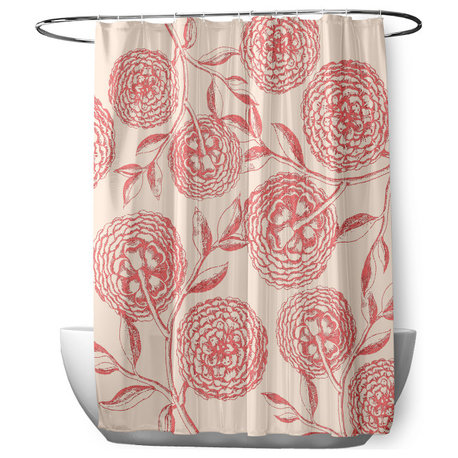70"Wx73"L Antique Flowers Shower Curtain, Blush Coral