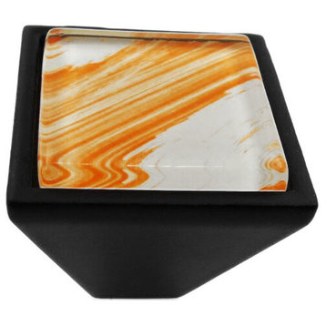 Hand Brushed Orange Tilted Strokes Crystal Glass Black Metal Square Frustum Knob