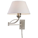 Elk Home - Elysburg 1-Light Swing Arm Sconce, Satin Nickel - The Geometric Lines Of This Collection Offer Harmonious Symmetry With A Sophisticated Contemporary Appeal. A Perfect Complement For Kitchens, Billiard Parlors, Or Any Area That Requires Direct Lighting. Featured In Satin Nickel With White Marbleized Glass Or Aged Bronze Finish With Tea Stained Brown Swirl Glass. Includes An Adapter Kit To Allow For Easy Conversion Of A Recessed Light To A Pendant