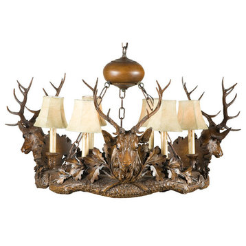 3 Royal Stag Head Chandelier, Faux Leather Shades