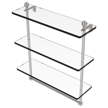 Mambo 16" Triple Tiered Glass Shelf with Towel Bar, Satin Nickel