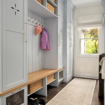 Mudroom – Blue-Gray Lockers and Natural Wood Bench