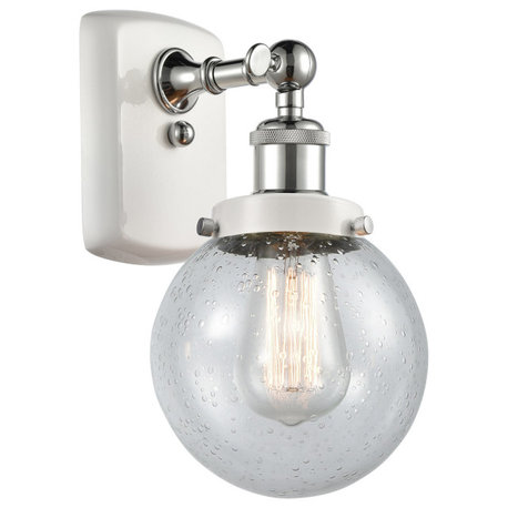 Ballston Beacon 1 Light Wall Sconce, White and Polished Chrome, Seedy Glass