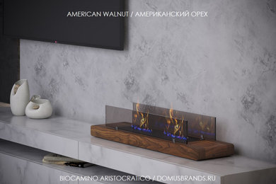ミラノにある北欧スタイルのおしゃれなリビング (標準型暖炉、木材の暖炉まわり) の写真