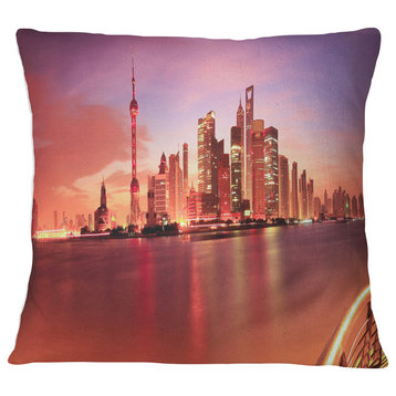 Shanghai Skyline at Dawn Panorama Cityscape Throw Pillow, 18"x18"