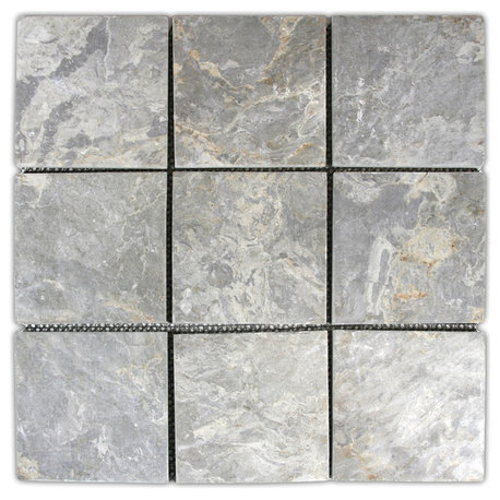 Stone mosaic tile, natural light grey, 4" x 4", mesh backing for walls & floors