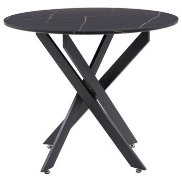 Atlin Designs Black Iron Metal Leg Trestle Dining Table with Marbled Top