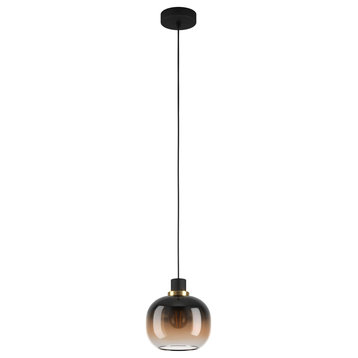 Oilella, 1 Light Pendant, Structured Black Finish, Vaporized Amber Glass Shade