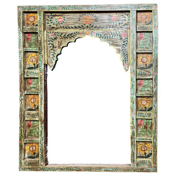 Antique Indian Carved Arch, Colorful Double sided Architectural Doorway