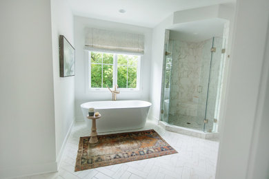 Inspiration for a contemporary master white tile and ceramic tile marble floor, white floor and double-sink bathroom remodel in Cincinnati with recessed-panel cabinets, gray cabinets, a two-piece toilet, white walls, an undermount sink, quartzite countertops, a hinged shower door and a built-in vanity