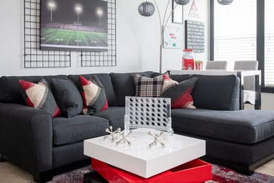 Inspiration for a mid-sized contemporary enclosed carpeted and beige floor living room remodel in Dallas with gray walls