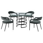 Armen Living - Diaz Morgan Matte Black Iron and Charcoal Fabric Glass Dining Table 5-Piece Set - Strike a stylish impact with the Diaz Morgan 5 Piece Dining Set by Armen Living. This set includes 1 Diaz Contemporary Round Glass Dining Table and 4 Morgan Upholstered Dining Chairs in Fabric and Metal. The refined geometry and elegant details lend a luxe and sophisticated aesthetic to this dining set. Our dining table features a 48" round, glass top that rests upon a sleek, metal base. The bold curves and airy design are accentuated by the brushed stainless steel or matte black iron finish. This dining table serves as a smart and chic complement to our Morgan dining chairs. The floating, beautifully curved back and seamlessly flowing arms bring notes of opulence to these dining chairs. Its back, armrest, and seat are fully upholstered to offer hours of comfort. It is covered in performance fabric to provide easy care and maintenance. Altogether, this dining set lends a sleek and stylish upgrade to your kitchen, dining room, or living space. It evokes luxury and comfort for your intimate dinners and family gatherings. Crafted from premium materials, our dining set ensures durability and quality for years to come. The Diaz Morgan 5 Piece Round Glass Dining Table Set is available in matching finishes and a variety of colors, or sold separately to achieve any look you desire.