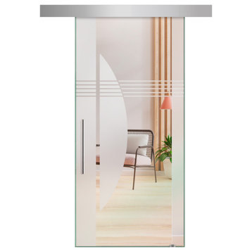 Sliding Glass Barn Door with Frosted Designs ALU100, 32"x81", Right
