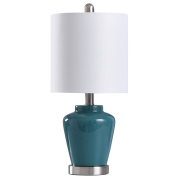 Glass Accent Table Lamp, Teal and Brushed Steel