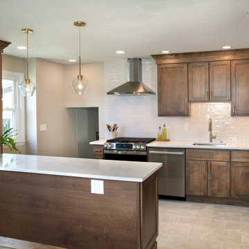 Natural Walnut Transitional Kitchen | Quartz Countertops & Warm Brass Accents
