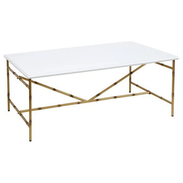 Modern Coffee Table, Rectangular Top With Bamboo Metal Base, White/Gold Finish