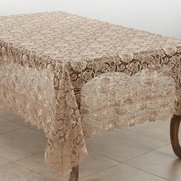 Vintage Lace Tablecloth With Floral Design, 67"x102", Ecru