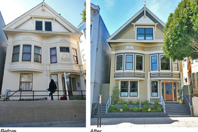 This is an example of a transitional three-storey multi-coloured exterior in San Francisco with wood siding, a gable roof and a shingle roof.