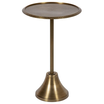 Modern Accent Round End Table, Pedestal Metal Base With Hammered Top, Gold
