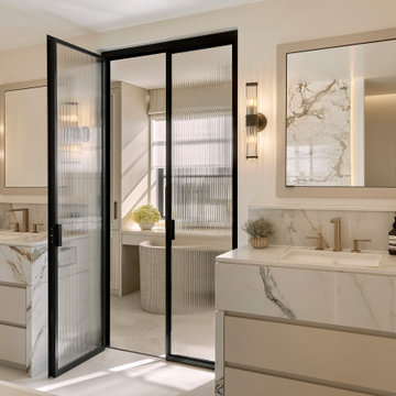 Cashmere Grey two drawer vanities with mirrored wall cabinets