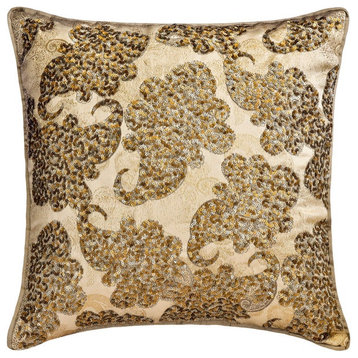 Gold Jacquard Foil Sequins & Foil 26"x26" Throw Pillow Cover - Paisley Treasure
