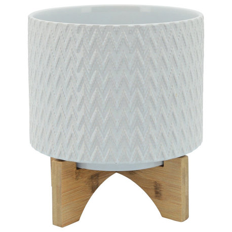 Ceramic Planter With Chevron Pattern and Wooden Stand, Small, White