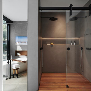 Immagine di una stanza da bagno moderna con doccia alcova, pareti grigie, pavimento grigio e porta doccia scorrevole