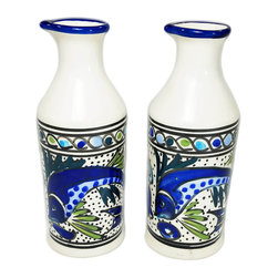 Stoneware Olive Oil Cruet (Set of 2) &ndash; Aqua Fish, by Le Souk Ceramique - Products