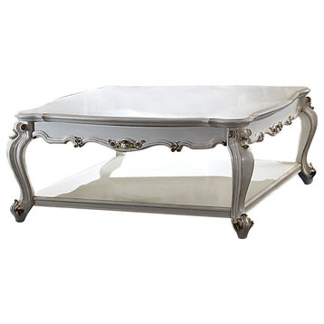 Benzara BM215041 Scalloped Top Coffee Table With Queen Anne Legs, Antique White