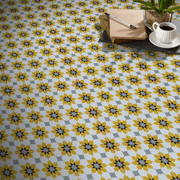 8"x8" Ahfir Handmade Cement Tile, Yellow ,Gray/Black , Set of 12