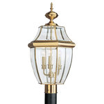 Generation Lighting - Generation Lighting Lancaster Three Light Outdoor Post Lantern 8239EN-02 - Three Light Outdoor Post Lantern from Lancaster collection in Polished Brass finish. Number of Bulbs 3. Max Wattage 3.50 . No bulbs included. The Sea Gull Collection Lancaster three light outdoor post top in polished brass is an ENERGY STAR qualified lighting fixture that uses LED bulbs to save you both time and money. Light has a way of sparkling against glass to create a warm and inviting welcome, and the Lancaster outdoor collection by Sea Gull Collection is a classic example of such traditional design. Clear Curved Beveled glass is paired with one of four beautiful finish options including Polished Brass, Black, Antique Bronze and Antique Brushed Nickel. The assortment includes small, medium and large one-light outdoor wall lanterns, two-light outdoor wall lantern, three-light outdoor wall lantern, two-light and three-light outdoor post lanterns and a three-light outdoor pendant. Some of the fixtures can easily convert to LED by purchasing LED replacement lamps sold separately. No UL Availability at this time.