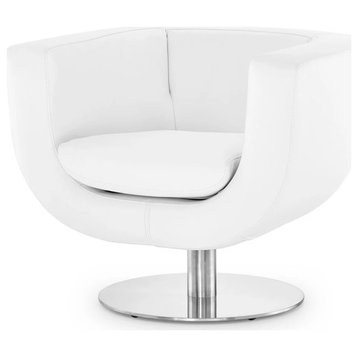 Macie Swivel Chair White Top Grain Leather Brushed Stainless Steel Swivel Base