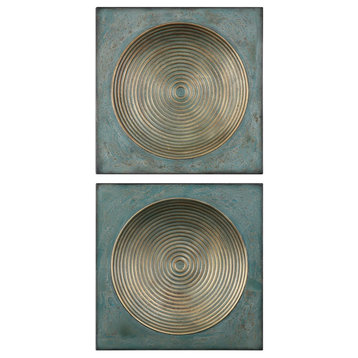 Midcentury Modern Industrial Geometric Wall Plaque Set, Pair Circle Square