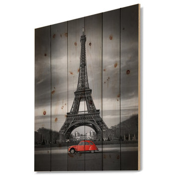 Designart Eiffel Old Red Car Large Landscape Wood Wall Art 40x30