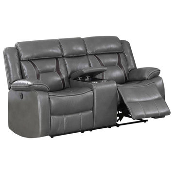 Benzara BM232637 Contrast Stitched Leather Power Motion Loveseat, Console, Gray