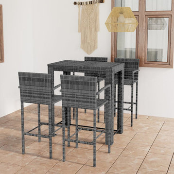 vidaXL Patio Bar Set with Armrest 5 Piece Poly Rattan Gray Garden Furniture
