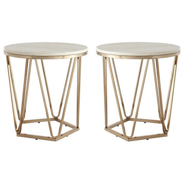 Home Square 22" Faux Stone Top Accent End Table in Champagne - Set of 2