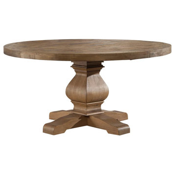 Classic Dining Table, Carved Pedestal Base & Round Plank Top, Reclaimed Natural