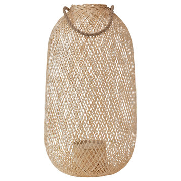 Hand-Woven Bamboo Lantern With Jute Handle/Glass Insert, Natural, Large